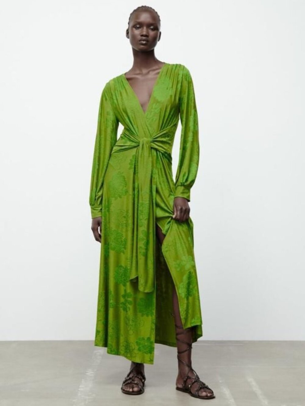 Zara Green Floral Jacquard Midi Dress